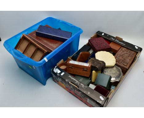 TWO BOXES OF EMPTY BOXES, to include various jewellery boxes, empty necklace boxes, a carved wooden box, an empty binocular b