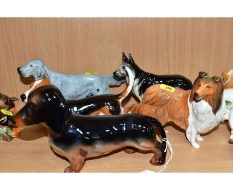 FIVE BESWICK DOGS, all gloss, comprising Basset Hound Fochno Trinket, no. 2045A, Dachshund - standing, no. 361, English Sette