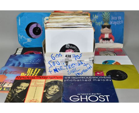 A BOX OF VINYL SINGLES, over one hundred records, mainly plain sleeves and a few picture sleeves, a few with wider hole for j