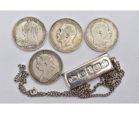 FOUR SILVER COINS AND A SILVER INGOT PENDANT WITH CHAIN, to include an Edward VII one florin coin dated 1902, a George V one 