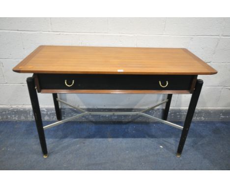 A MID CENTURY G PLAN E.GOMME TOLA AND BLACK CONSOLE TABLE, with a single frieze drawer, on cylindrical tapered legs, united b