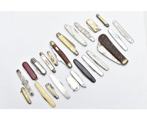 A BOX OF ASSORTED PEN KNIVES, twenty three pen knives of varying size and colour, some with decorated handles such as faux mo