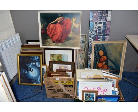 A QUANTITY OF PICTURES AND PRINTS ETC, to include print reproductions of paintings by Lowry, Van Gogh, Degas, Millais, Monet 