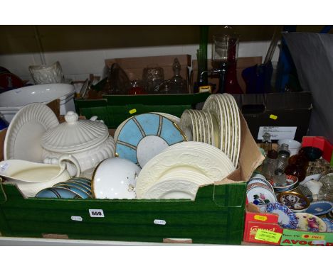SIX BOXES AND LOOSE CERAMICS AND GLASSWARES, to include a collection of miniature plates by Wedgwood, Lladro, Royal Copenhage
