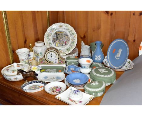 A GROUP OF CERAMICS, to include a Wedgwood Clio clock and octagonal dish, thirteen pieces of Wedgwood jasperware in pale blue