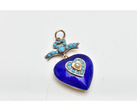 A GUILLOCHE ENAMEL, TURQUOISE AND SEED PEARL HEART PENDANT, a yellow and white metal, deep blue guilloche enamel heart droppe