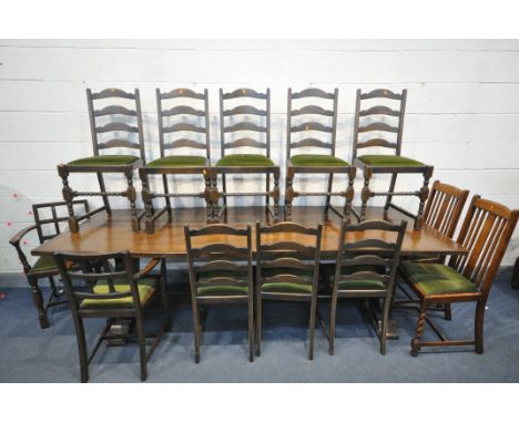 A REPRODUCTION OAK REFRECTORY TABLE, on a shaped trestle base united by two stretchers, length 261cm x depth 90cm x height 74