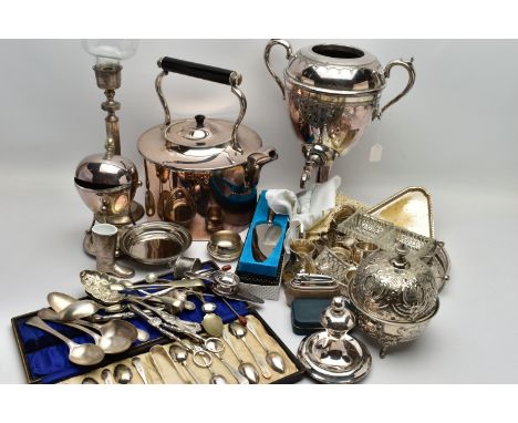 A BOX OF ASSORTED SILVER PLATE AND WHITE METAL WARE, to include an EPNS egg boiler, a 'Viners of Sheffield' circular Alpha pl