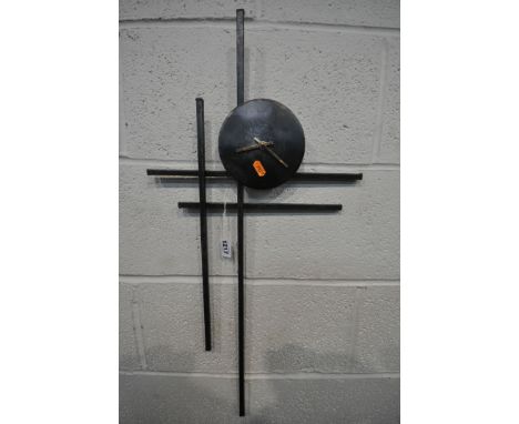 PAUL MARGETTS (BRITISH 20TH CENTURY) A WROUGHT IRON CONTEMPORY WALL CLOCK, width 38cm x height 77cm (good condition)