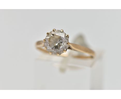 A 9CT GOLD SINGLE STONE RING, circular cut colourless cubic zirconia in a ten claw setting, pinched shoulders leading onto a 