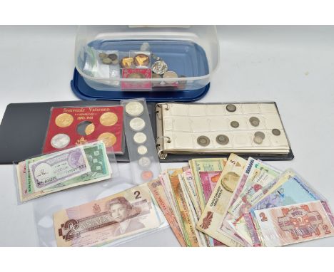 A BOX CONTAINING MIXED COINS AND BANKNOTES, to include a small coin album with 20th century coinage including Half-crowns, Fl