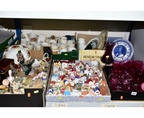 FIVE BOXES OF CERAMICS AND CRANBERRY GLASSWARE, to include eight cranberry wine glasses, a dish, jug and cranberry pot with c