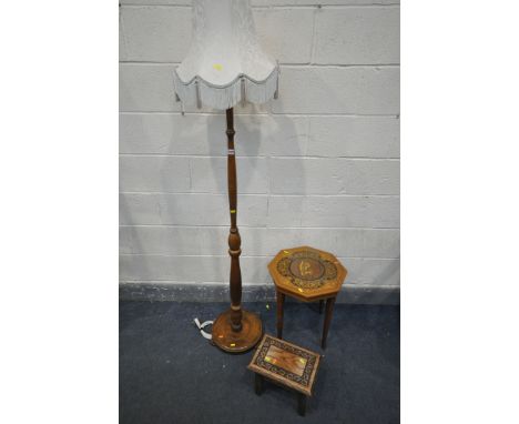 AN OAK STANDARD LAMP, with a fabric shade, along with an Italian inlaid occasional table, and an oak footstool (3)