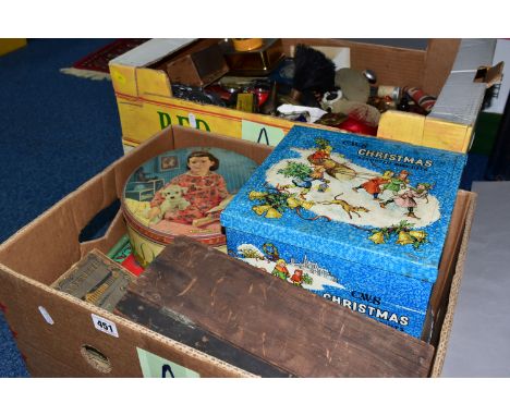 THREE BOXES OF ADVERTISING TINS, PACKAGING, METALWARES AND OTHER VINTAGE COLLECTABLES, to include a group of vintage tins and