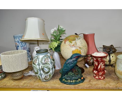 A GROUP OF LAMPS AND STUDIO POTTERY, comprising a Jersey Pottery table lamp with a fine rope shade, height 12cm to top of bas