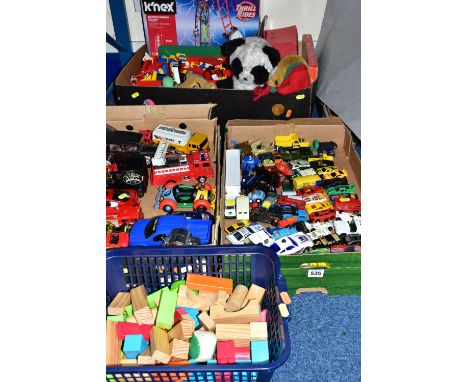 THREE BOXES OF TOY CARS AND LEGO, to include a mixed box of Lego, soft toys, KNEX 'Thrill and Ride', a basket of wooden build