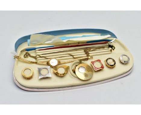 A LADIES ROTARY WRISTWATCH COMPANION SET, the cased companion set to include a yellow metal wristwatch with circular white di