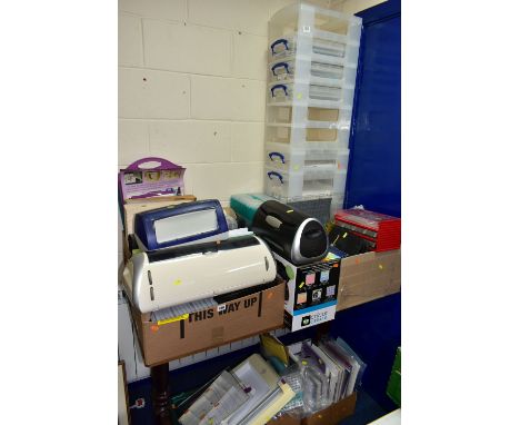 SIX BOXES OF CARD/CRAFT MAKING EQUIPMENT, to include storage boxes, folders, coloured card, a Cricut 'Expression' craft cutti