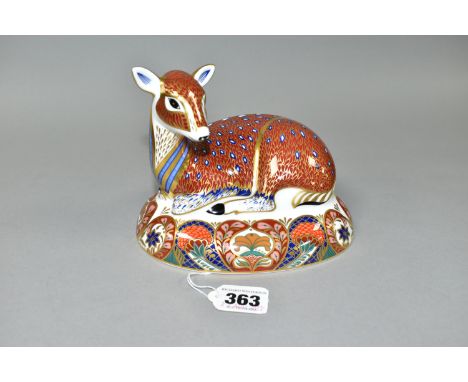 A ROYAL CROWN DERBY DEER, designed by John Ablitt, a Guild Member's Exclusive, introduced in 1994, gold button, height 13cm (