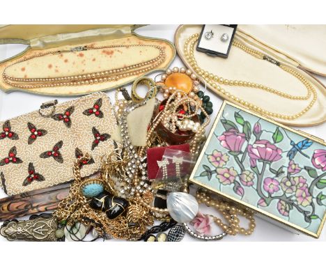 A SHOE BOX OF COSTUME JEWELLERY, to include two cased sets of imitation pearl necklaces, a glass jewellery box filled with wh