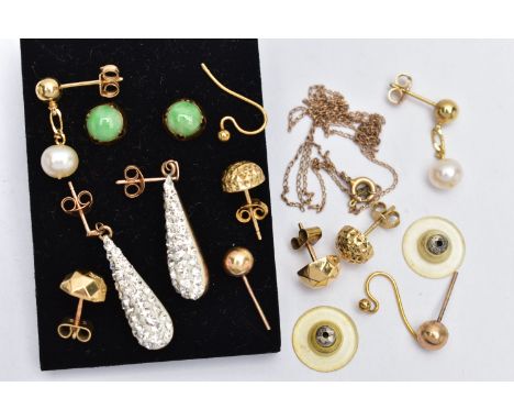 A SELECTION OF YELLOW METAL EARRINGS, to include a pair of circular cut jade cabochon earrings claw set in a yellow metal mou