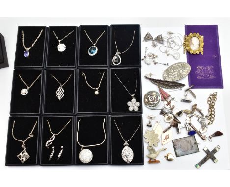 A BOX OF MOSTLY WHITE METAL JEWELLERY, to include twelve boxed (new like condition) pendant necklaces of various designs, mos