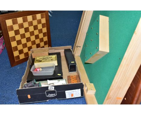 ONE BOX OF CHESS AND CLASSIC BAR GAMES, to include a bar skittles board, length 85cm x width 61cm, board and pins made of ash