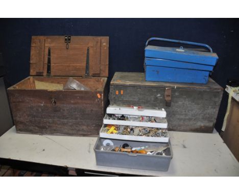 TWO WOODEN CHESTS AND TWO TOOLBOXES containing vintage and modern tools one wooden chest containing a quantity of nails, scre
