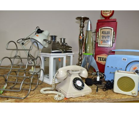 A GROUP OF TEN HOUSEHOLD ITEMS, comprising two retro style Bush radios, an ivory coloured push button retro phone, a Mathos T