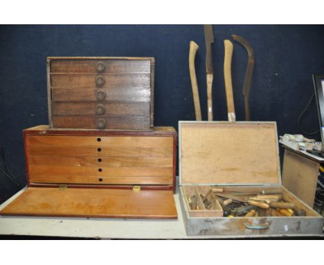 TWO WOODEN TOOLCHESTS comprising two five draw toolchests along with a wooden case containing a quantity of files and chisels