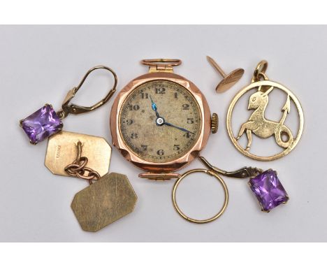 A SELECTION OF JEWELLERY, to include a ladies 9ct rose gold watch head, hand wound movement (working), missing glass, round s