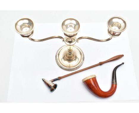 A THREE BRANCH SILVER CANDLE STICK, CANDLE SNUFFER AND A SMOKING PIPE, three branch candle stick with scroll detail, tapered 