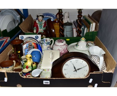 TWO BOXES OF CERAMICS, BOOKS, AND TREEN, to include a Masons Madrigal cheese dish, with a Paynsley pattern tureen, a Strathmo