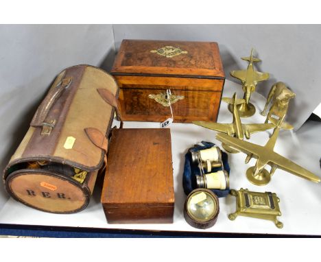 A GROUP OF BRASSWARES, TREEN AND SUNDRY ITEMS, comprising a nineteenth century walnut veneer work box with mother of pearl in