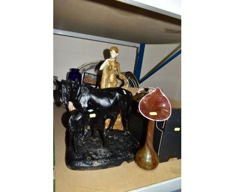 TWO BOXES OF CERAMICS, BREWERIANA AND HOUSEHOLD ORNAMENTS, to include a cast iron sculpture of a mare and foal, height 30cm, 