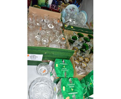 FOUR BOXES AND LOOSE ASSORTED GLASSWARE AND A FLOORSTANDING METAL AND GLASS TEA LIGHT HOLDER, the glassware to include colour