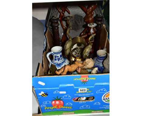 ONE BOX OF MISCELLANEOUS ORNAMENTS, to include a pair of brass horse bookends, height 12cm, a green nephrite jade penguin, he