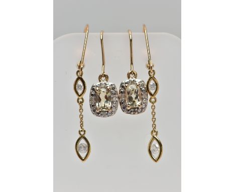 TWO PAIRS OF YELLOW METAL DIAMOND AND GEM SET EARRINGS, the first a pair of drop earrings each designed as a rectangular gree