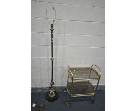 A BRASS FRENCH CHERUB STANDARD LAMP, on a circular marble base and claw feet, height to fitting 146cm, and an aluminium drink