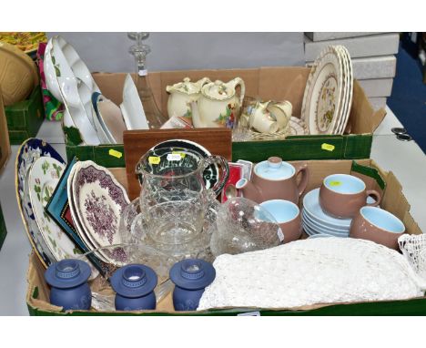 TWO BOXES OF CERAMICS AND SUNDRIES, to include a Denby-Langley stoneware coffee set, one coffee pot, six cups and six saucers