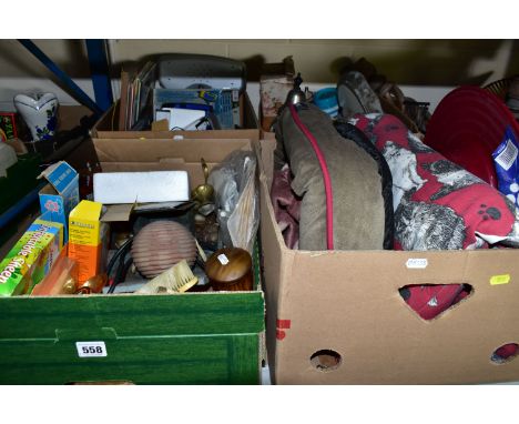 FIVE BOXES AND LOOSE TREEN, METALWARES AND ASSORTED HOUSEHOLD ITEMS, to include a vintage Japanese ceramic miniature garden s