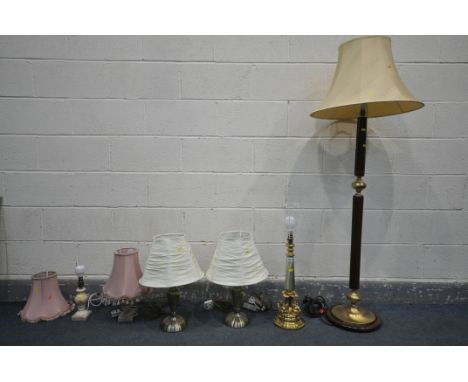 A BBRASS AND ONYX FRENCH TABLE LAMP, along with two pair of lamps, and a standard lamp, five lamps with fabric shades (6)