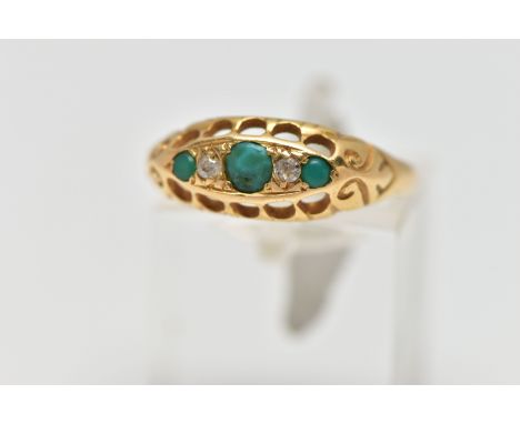 AN EARLY 20TH CENTURY 18CT YELLOW GOLD TURQUOISE AND DIAMOND RING, set with a principal turquoise cabochon, two old cut diamo