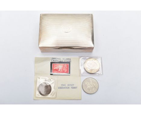 A SILVER CIGARETTE BOX AND COMMEMORATIVE COINS, rectangular cigarette case with an engine turned design, personal engraving r