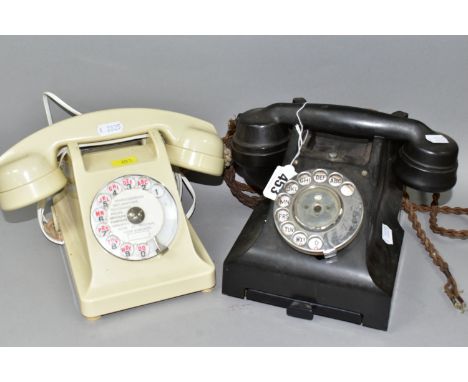 TWO ROTARY TELEPHONES, comprising a black GPO Bakelite telephone with pull out drawer front, and type 164 handset, together w