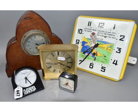 FIVE CLOCKS, comprising a square Art Deco Little Boy Blue wall clock with ceramic dial marked 'Foreign', a wooden cased Smith