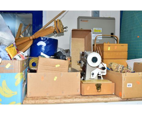 SEWING INTEREST: SIX BOXES AND LOOSE SEWING MACHINE, QUILTING/EMBROIDERY FRAMES, FABRIC, TOOLS AND EQUIPMENT, to include a ca