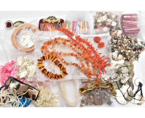 A BOX OF ASSORTED JEWELLERY, to include a stretch link polished copal amber bracelet, a coral necklace, coral earrings, a rou