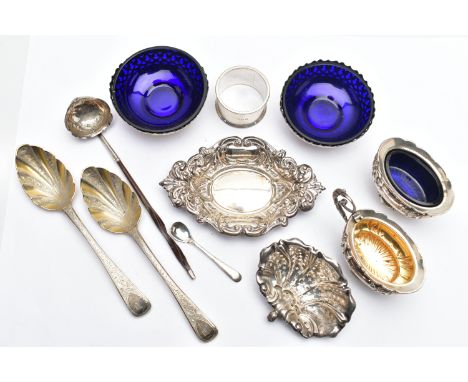 ASSORTED SILVER AND WHITE METAL ITEMS, to include two silver Georgian, old English pattern tablespoons, each decorated with a