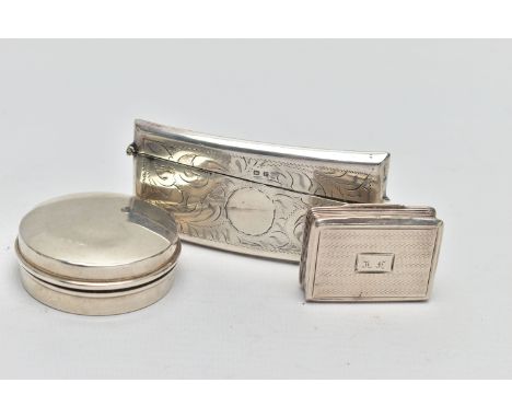 A SELECTION OF THREE SILVER BOXES, to include an early 19th century silver snuff case AF, of rectangular outline with engine 